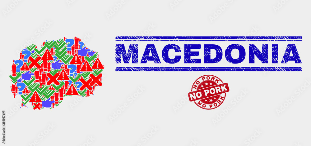Sign Mosaic Macedonia map and seal stamps. Red rounded No Pork scratched seal stamp. Bright Macedonia map mosaic of different random items. Vector abstract composition.