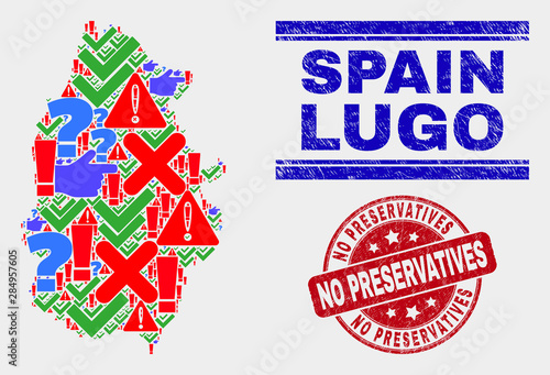 Symbolic Mosaic Lugo Province map and seal stamps. Red round No Preservatives scratched seal. Colorful Lugo Province map mosaic of different random icons. Vector abstract collage.