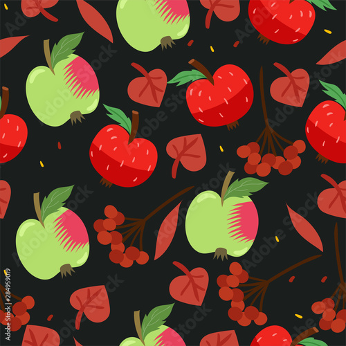 Seamless pattern with apples, berries and leaves. Vector graphics.