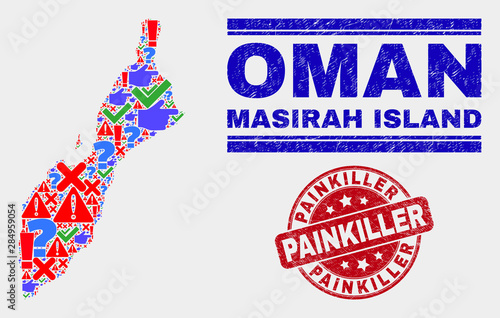 Symbolic Mosaic Masirah Island map and seals. Red rounded Painkiller distress seal. Colorful Masirah Island map mosaic of different randomized items. Vector abstract composition.