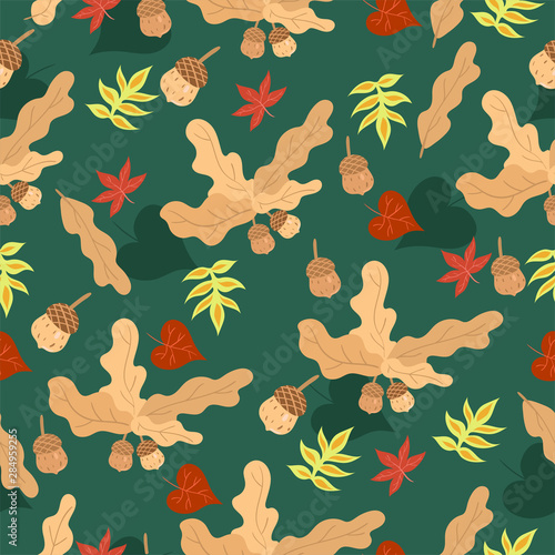 Seamless pattern with acorns and leaves. Vector graphics.