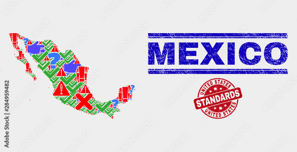 Symbol Mosaic Mexico map and seal stamps. Red rounded United States Standards grunge seal stamp. Colored Mexico map mosaic of different random items. Vector abstract combination. Symbol Mosaic Mexico map and seal stamps. Red rounded United States Standards grunge seal stamp. Colored Mexico map mosaic of different random items. Vector abstract combination.