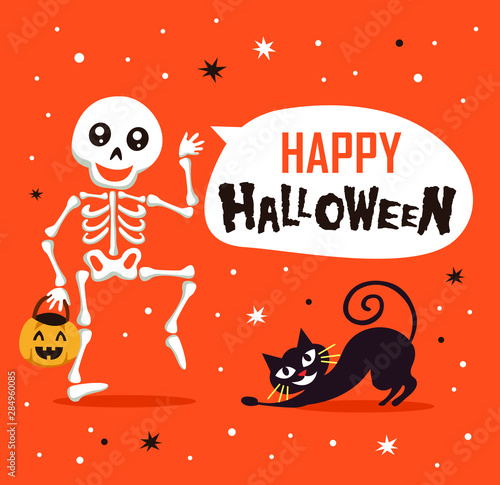 Happy Halloween with funny skeleton and cute cat cartoon character. Halloween festive for banner, poster, greeting card, party invitation.