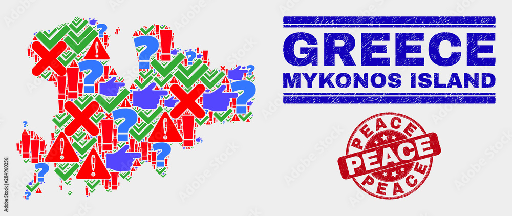 Symbolic Mosaic Mykonos Island map and seal stamps. Red rounded Peace textured seal stamp. Bright Mykonos Island map mosaic of different randomized symbols. Vector abstract collage. Symbolic Mosaic Mykonos Island map and seal stamps. Red rounded Peace textured seal stamp. Bright Mykonos Island map mosaic of different randomized symbols. Vector abstract collage.