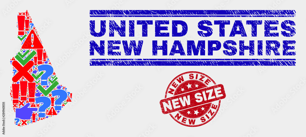 Symbol Mosaic New Hampshire State map and seal stamps. Red rounded New Size scratched seal. Bright New Hampshire State map mosaic of different scattered elements. Vector abstract combination. Symbol Mosaic New Hampshire State map and seal stamps. Red rounded New Size scratched seal. Bright New Hampshire State map mosaic of different scattered elements. Vector abstract combination.
