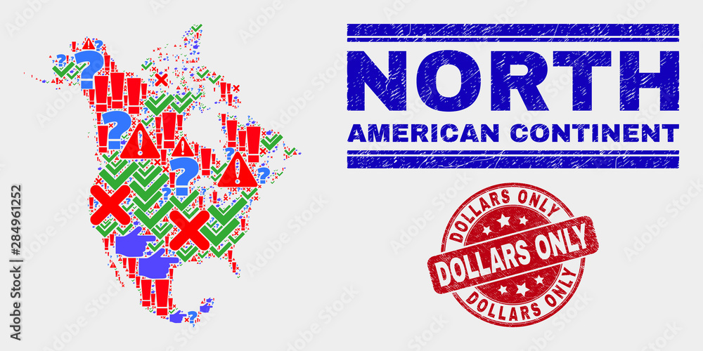 Symbolic Mosaic North America v2 map and stamps. Red round Dollars Only textured watermark. Bright North America v2 map mosaic of different random items. Vector abstract composition. Symbolic Mosaic North America v2 map and stamps. Red round Dollars Only textured watermark. Bright North America v2 map mosaic of different random items. Vector abstract composition.