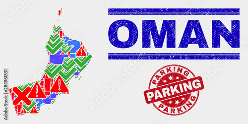Symbol Mosaic Oman map and seals. Red round Parking grunge watermark. Colored Oman map mosaic of different random icons. Vector abstract combination.