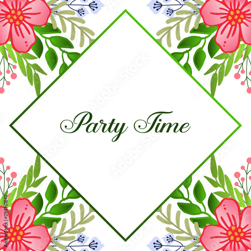 Retro poster party time in abstract style, with pink wreath frame background. Vector