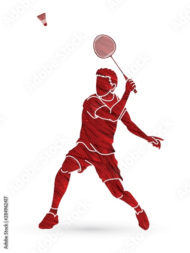 Badminton player action cartoon graphic vector.