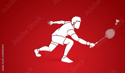 Badminton player action cartoon graphic vector.