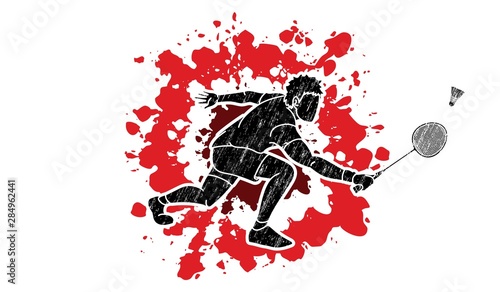 Badminton player action cartoon graphic vector.