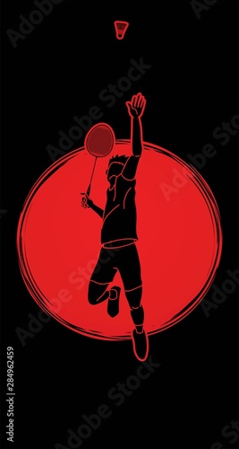Badminton player action cartoon graphic vector.