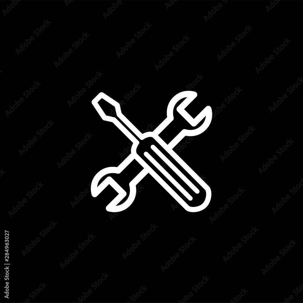 Screwdriver And Wrench Line Icon On Black Background. Black Flat Style Vector Illustration. Screwdriver And Wrench Line Icon On Black Background. Black Flat Style Vector Illustration.
