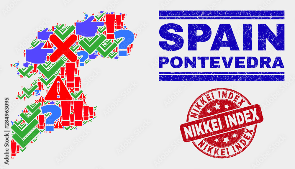 Symbol Mosaic Pontevedra Province map and stamps. Red rounded Nikkei Index grunge seal. Colorful Pontevedra Province map mosaic of different random symbols. Vector abstract combination.