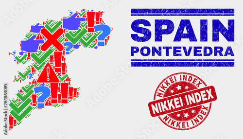 Symbol Mosaic Pontevedra Province map and stamps. Red rounded Nikkei Index grunge seal. Colorful Pontevedra Province map mosaic of different random symbols. Vector abstract combination.