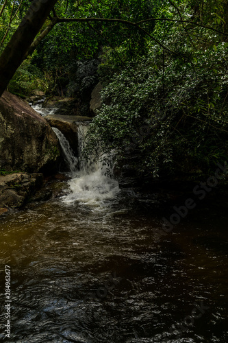 Looking at waterfalls in the forest.