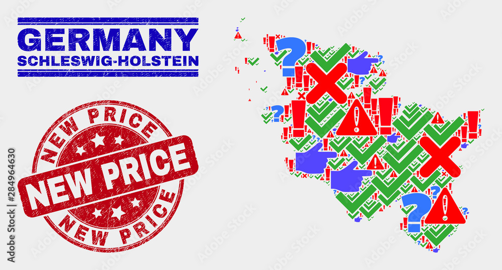 Symbol Mosaic Schleswig-Holstein Land map and seal stamps. Red rounded New Price distress seal. Colored Schleswig-Holstein Land map mosaic of different random icons. Vector abstract combination. Symbol Mosaic Schleswig-Holstein Land map and seal stamps. Red rounded New Price distress seal. Colored Schleswig-Holstein Land map mosaic of different random icons. Vector abstract combination.