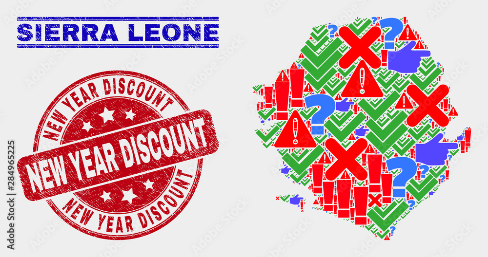 Symbol Mosaic Sierra Leone map and seal stamps. Red round New Year Discount distress seal. Colored Sierra Leone map mosaic of different randomized symbols. Vector abstract collage. Symbol Mosaic Sierra Leone map and seal stamps. Red round New Year Discount distress seal. Colored Sierra Leone map mosaic of different randomized symbols. Vector abstract collage.