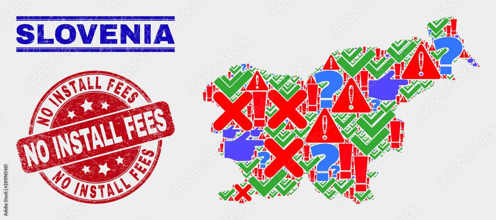Sign Mosaic Slovenia map and seal stamps. Red round No Install Fees distress seal stamp. Colored Slovenia map mosaic of different scattered icons. Vector abstract composition.