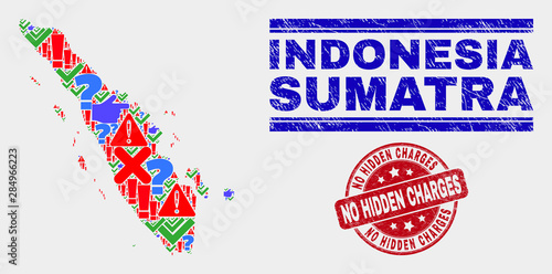 Symbolic Mosaic Sumatra map and seals. Red rounded No Hidden Charges grunge seal. Colorful Sumatra map mosaic of different scattered items. Vector abstract collage.