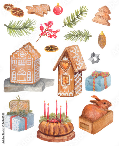 Christmas watercolor set sweets, cake, gingerbread house, bunny and other
