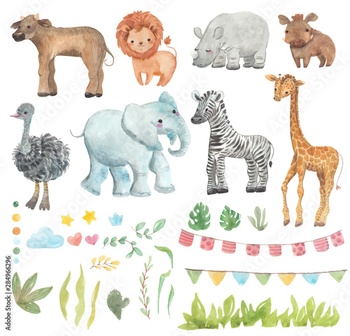 Africa watercolor set. Safari collection with giraffe, rhino, zebra, lion, warthog, ostrich, Buffalo, elephant. Watercolor cute animals.