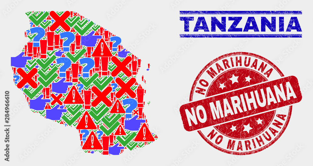 Symbolic Mosaic Tanzania map and seals. Red round No Marihuana scratched watermark. Colorful Tanzania map mosaic of different random elements. Vector abstract composition. Symbolic Mosaic Tanzania map and seals. Red round No Marihuana scratched watermark. Colorful Tanzania map mosaic of different random elements. Vector abstract composition.