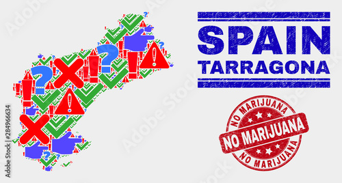 Sign Mosaic Tarragona Province map and seal stamps. Red round No Marijuana textured stamp. Colorful Tarragona Province map mosaic of different randomized icons. Vector abstract combination.