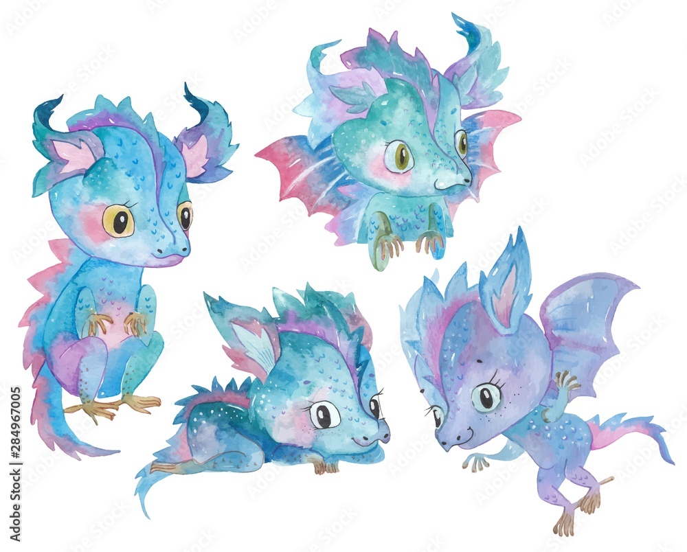 Fototapeta premium Set of Watercolor hand painted cute little dragons illustration isolated on white. Cartoon childish characters