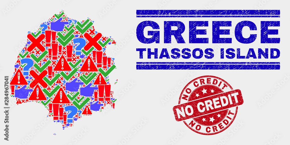Symbol Mosaic Thassos Island map and seal stamps. Red rounded No Credit distress seal stamp. Bright Thassos Island map mosaic of different randomized items. Vector abstract composition. Symbol Mosaic Thassos Island map and seal stamps. Red rounded No Credit distress seal stamp. Bright Thassos Island map mosaic of different randomized items. Vector abstract composition.