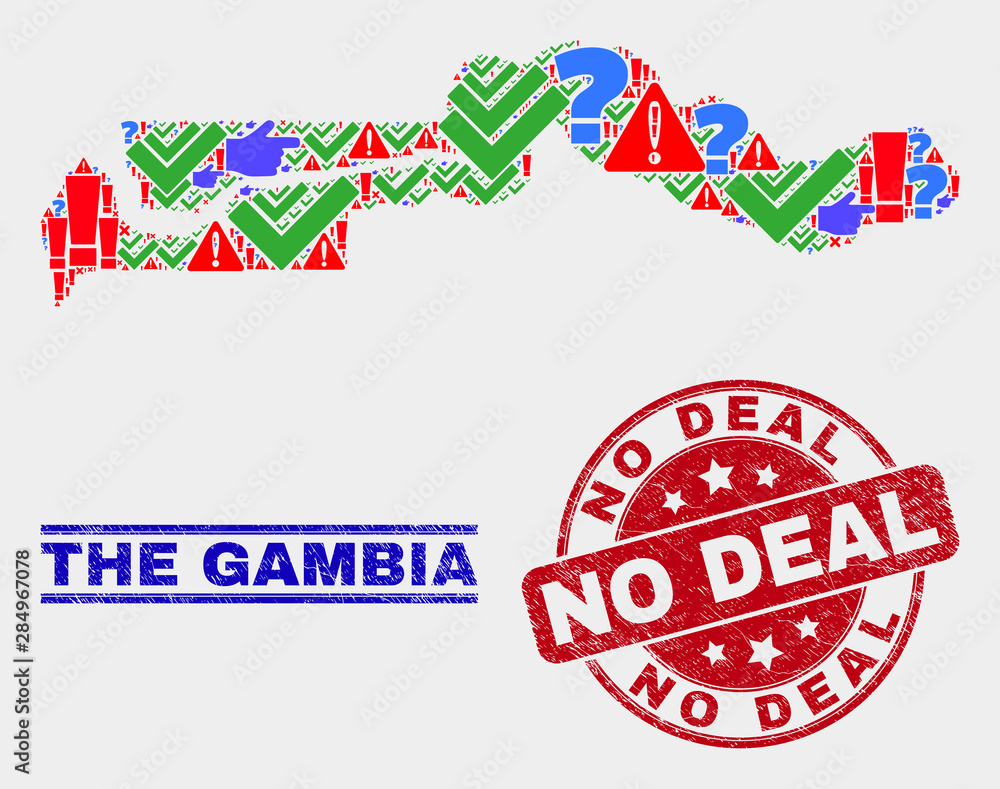 Symbol Mosaic the Gambia map and seal stamps. Red rounded No Deal grunge seal. Bright the Gambia map mosaic of different scattered elements. Vector abstract combination. Symbol Mosaic the Gambia map and seal stamps. Red rounded No Deal grunge seal. Bright the Gambia map mosaic of different scattered elements. Vector abstract combination.