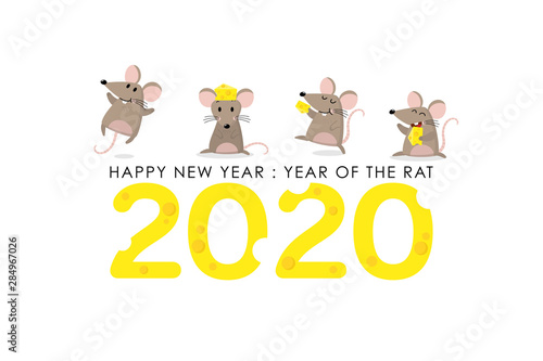 Happy new year 2020 greeting card with cute mouse and cheeses. Rat zodiac. Animal wildlife holidays cartoon character. -Vector.