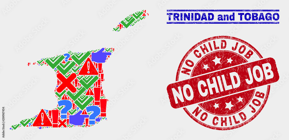 Symbolic Mosaic Trinidad and Tobago map and seal stamps. Red round No Child Job grunge seal. Bright Trinidad and Tobago map mosaic of different randomized icons. Vector abstract collage.