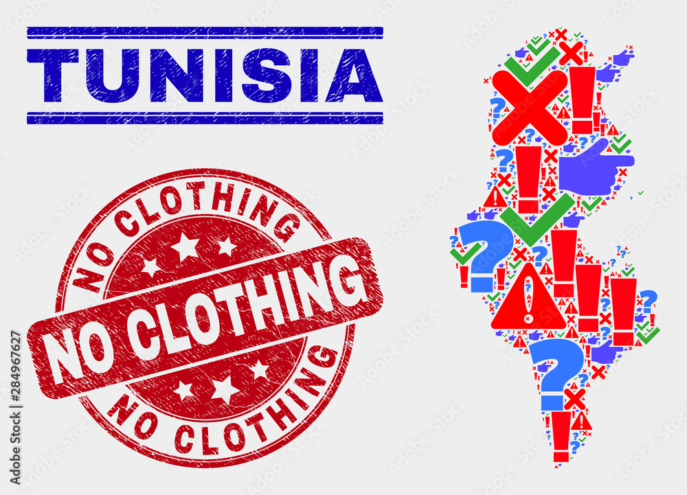 Symbolic Mosaic Tunisia map and seal stamps. Red rounded No Clothing grunge watermark. Colored Tunisia map mosaic of different scattered elements. Vector abstract combination. Symbolic Mosaic Tunisia map and seal stamps. Red rounded No Clothing grunge watermark. Colored Tunisia map mosaic of different scattered elements. Vector abstract combination.