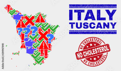 Symbolic Mosaic Tuscany region map and seal stamps. Red rounded No Cholesterol grunge seal. Colored Tuscany region map mosaic of different random items. Vector abstract collage.