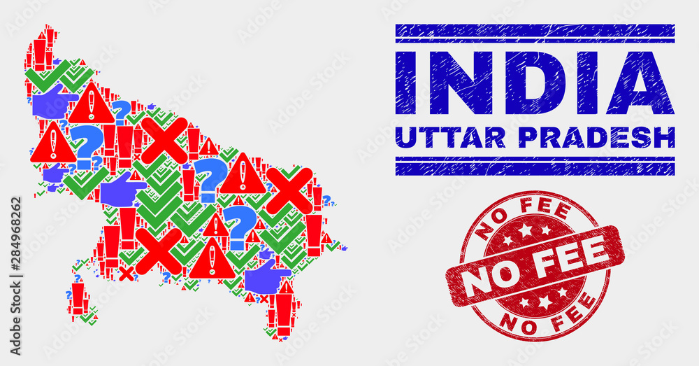 Symbolic Mosaic Uttar Pradesh State map and seal stamps. Red rounded No Fee distress seal. Colorful Uttar Pradesh State map mosaic of different random icons. Vector abstract combination. Symbolic Mosaic Uttar Pradesh State map and seal stamps. Red rounded No Fee distress seal. Colorful Uttar Pradesh State map mosaic of different random icons. Vector abstract combination.