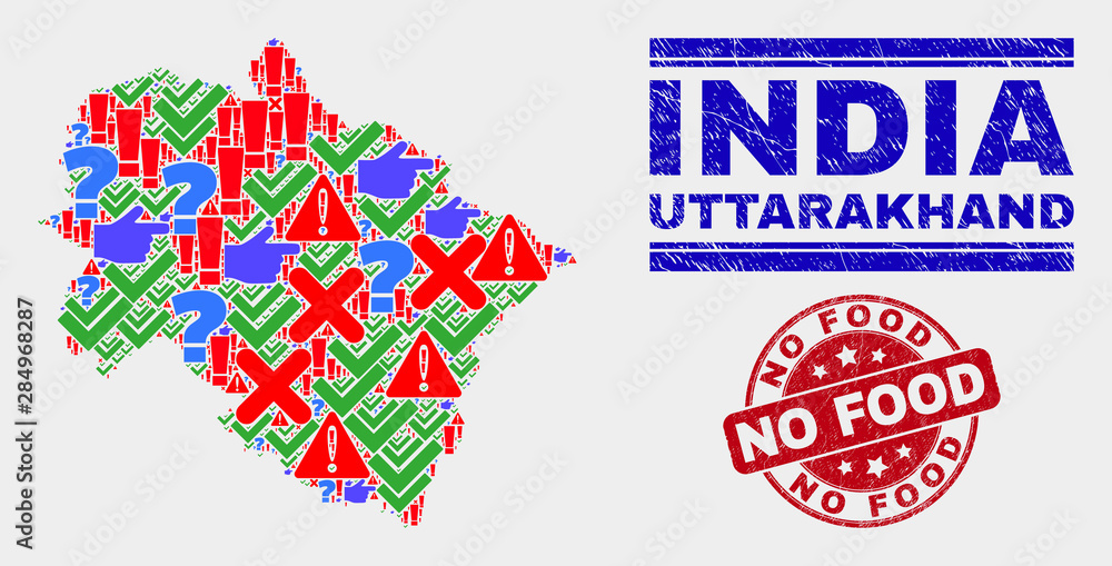 Symbolic Mosaic Uttarakhand State map and seal stamps. Red round No Food distress seal. Colored Uttarakhand State map mosaic of different scattered icons. Vector abstract combination. Symbolic Mosaic Uttarakhand State map and seal stamps. Red round No Food distress seal. Colored Uttarakhand State map mosaic of different scattered icons. Vector abstract combination.