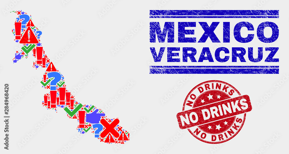 Symbolic Mosaic Veracruz State map and seal stamps. Red round No Drinks scratched seal stamp. Colored Veracruz State map mosaic of different scattered icons. Vector abstract composition. Symbolic Mosaic Veracruz State map and seal stamps. Red round No Drinks scratched seal stamp. Colored Veracruz State map mosaic of different scattered icons. Vector abstract composition.