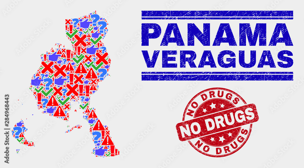 Symbolic Mosaic Veraguas Province map and stamps. Red round No Drugs distress watermark. Colored Veraguas Province map mosaic of different random icons. Vector abstract combination. Symbolic Mosaic Veraguas Province map and stamps. Red round No Drugs distress watermark. Colored Veraguas Province map mosaic of different random icons. Vector abstract combination.