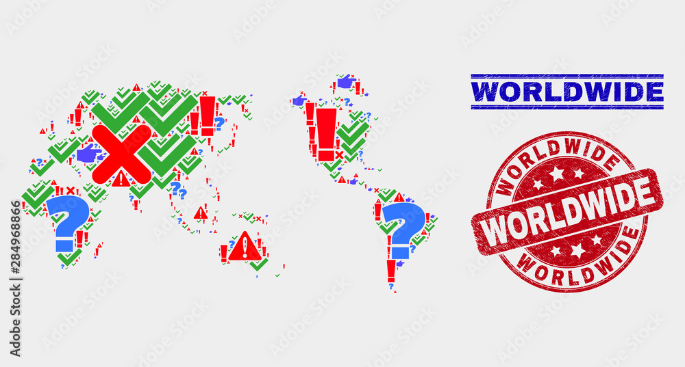 Symbol Mosaic worldwide map and seal stamps. Red rounded Worldwide scratched seal stamp. Colorful worldwide map mosaic of different scattered symbols. Vector abstract collage.