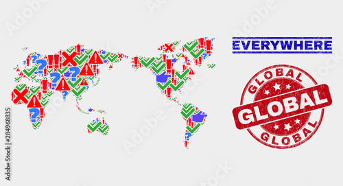 Sign Mosaic world map and seal stamps. Red rounded Global textured seal stamp. Colored world map mosaic of different random items. Vector abstract composition.