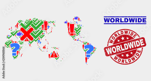 Symbol Mosaic worldwide map and seal stamps. Red rounded Worldwide scratched seal stamp. Colorful worldwide map mosaic of different scattered symbols. Vector abstract collage.