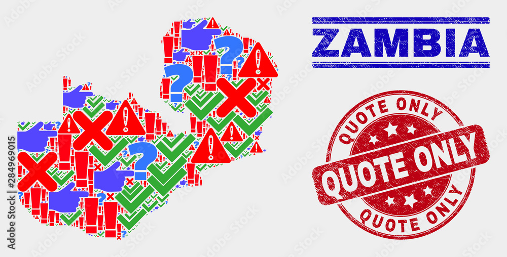 Symbolic Mosaic Zambia map and seal stamps. Red rounded Quote Only textured seal stamp. Colorful Zambia map mosaic of different scattered items. Vector abstract collage. Symbolic Mosaic Zambia map and seal stamps. Red rounded Quote Only textured seal stamp. Colorful Zambia map mosaic of different scattered items. Vector abstract collage.