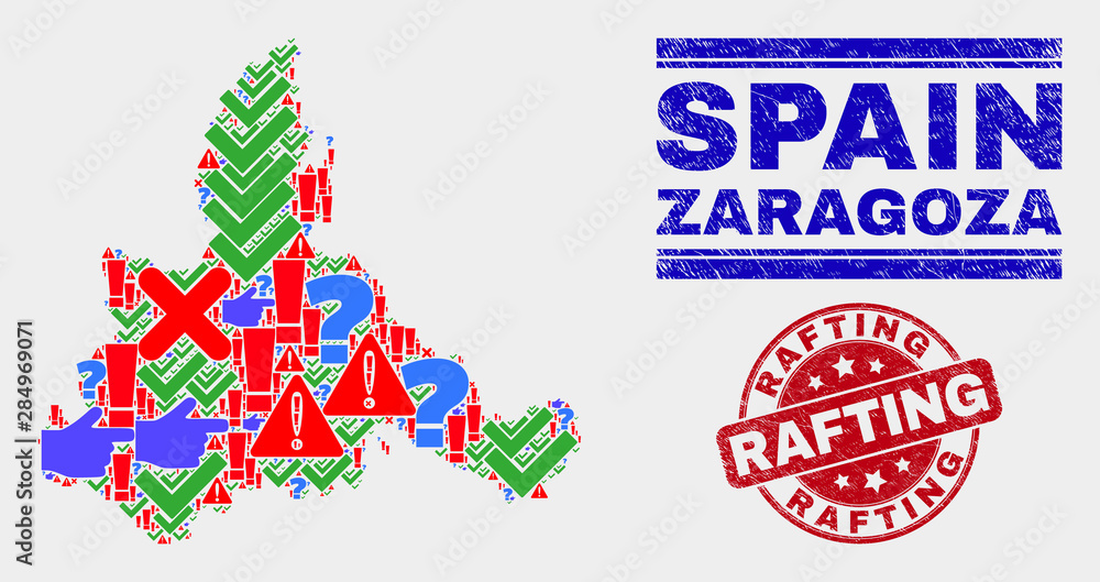 Symbol Mosaic Zaragoza Province map and seal stamps. Red round Rafting distress seal. Bright Zaragoza Province map mosaic of different random elements. Vector abstract composition.