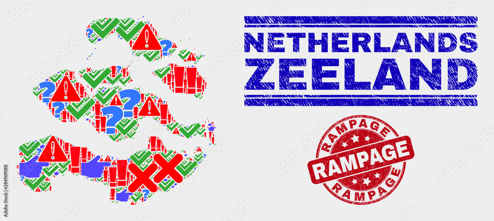 Sign Mosaic Zeeland Province map and seal stamps. Red round Rampage scratched seal stamp. Bright Zeeland Province map mosaic of different randomized items. Vector abstract composition. Sign Mosaic Zeeland Province map and seal stamps. Red round Rampage scratched seal stamp. Bright Zeeland Province map mosaic of different randomized items. Vector abstract composition.