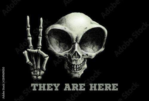 Humanoid alien skull. Vector illustration on black background