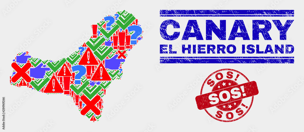 Symbol Mosaic El Hierro Island map and seal stamps. Red rounded Sos! textured seal. Colored El Hierro Island map mosaic of different scattered items. Vector abstract collage. Symbol Mosaic El Hierro Island map and seal stamps. Red rounded Sos! textured seal. Colored El Hierro Island map mosaic of different scattered items. Vector abstract collage.