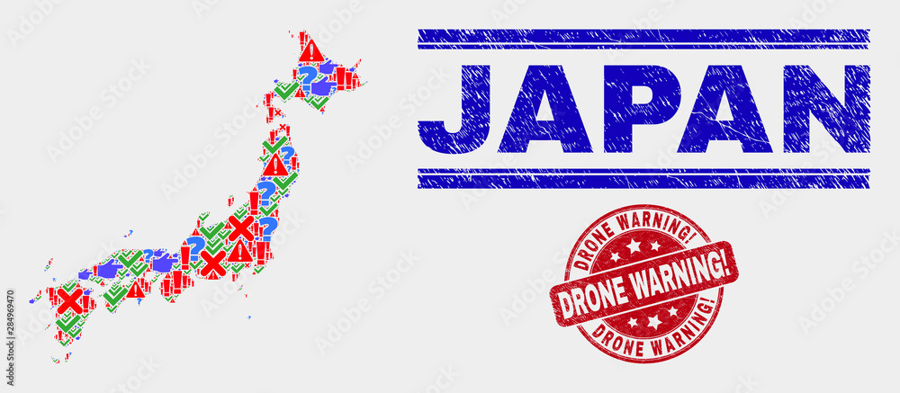 Sign Mosaic Japan map and seal stamps. Red round Drone Warning! textured seal stamp. Colorful Japan map mosaic of different random items. Vector abstract composition.