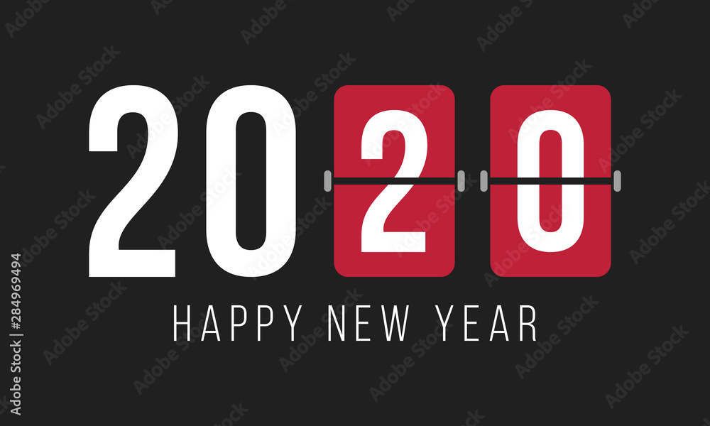 2020 digits over flip boards and text happy new year, greetings poster or card with dark background, vector illustration 2020 digits over flip boards and text happy new year, greetings poster or card with dark background, vector illustration