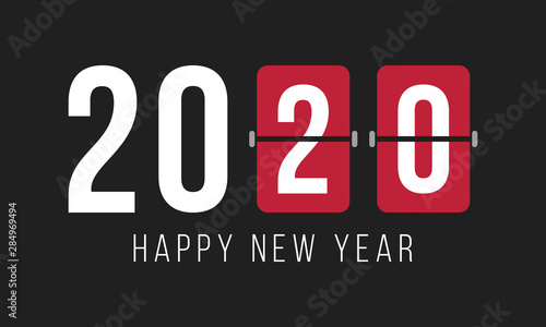 2020 digits over flip boards and text happy new year, greetings poster or card with dark background, vector illustration
